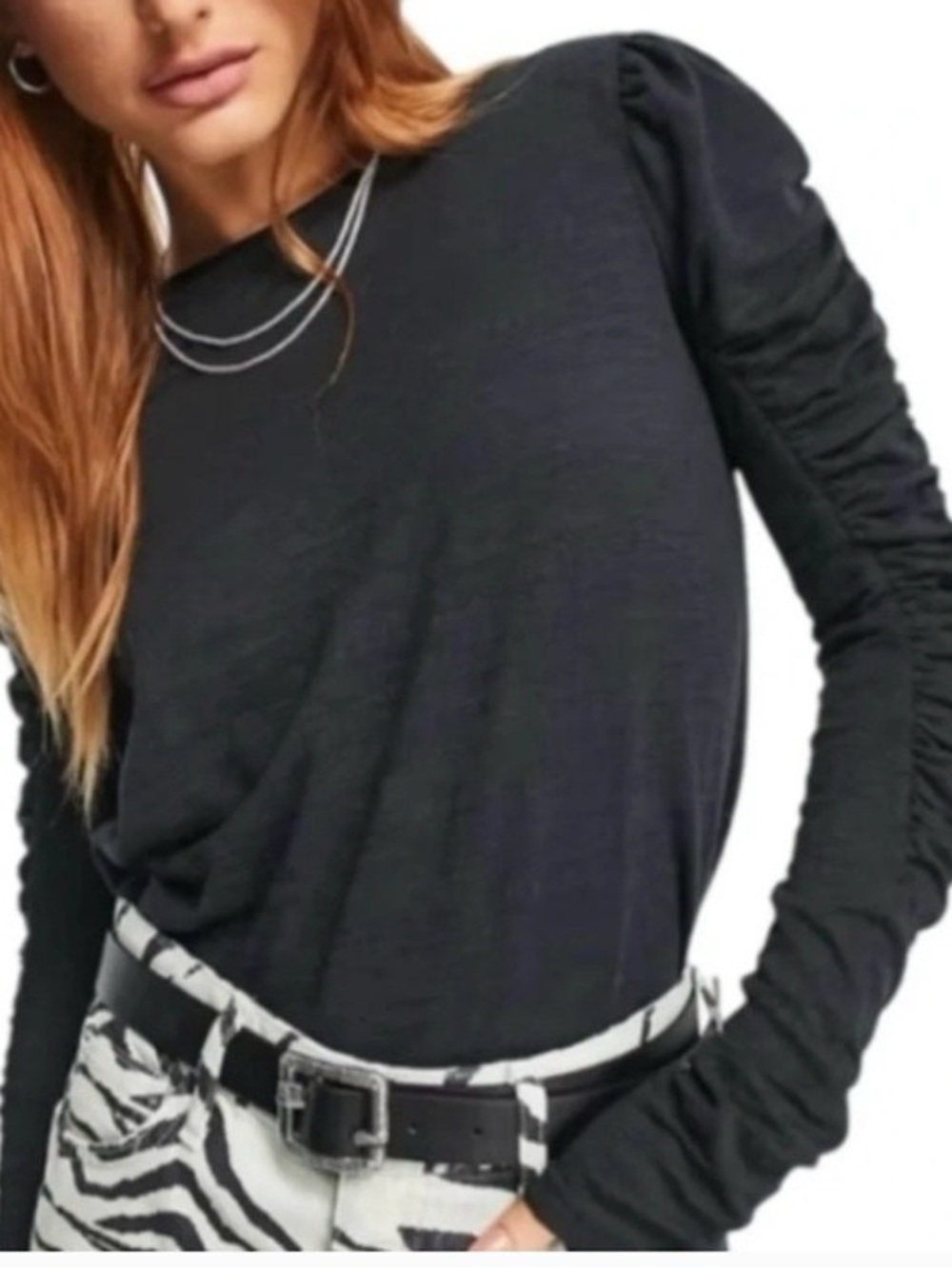 We The Free Free People Natasha Ruched Long Sleeve Top Black - Size Medium